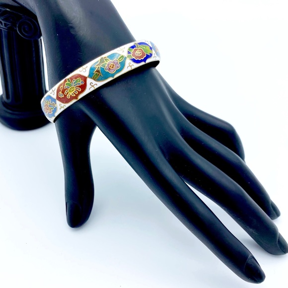 Vintage Cloisonne Flower Enamel Gold Tone Outlines Substantial Bangle Bracelet - Picture 10 of 12